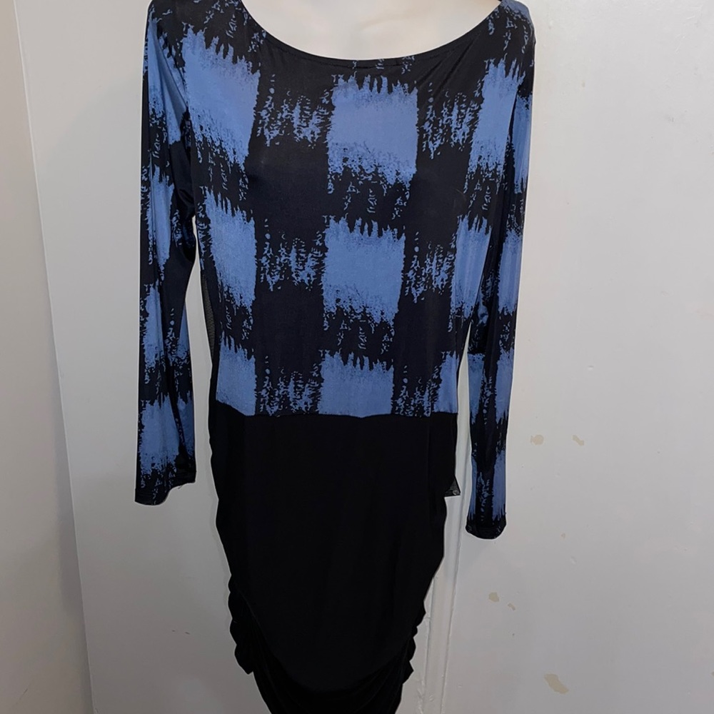 Black & Blue Plaid Bodycon Dress with Mesh Sides 2X